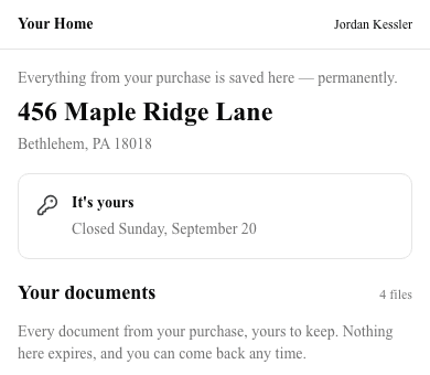 A closed purchase's home file on a phone, showing the address, a permanent-access confirmation, and the buyer's saved documents.